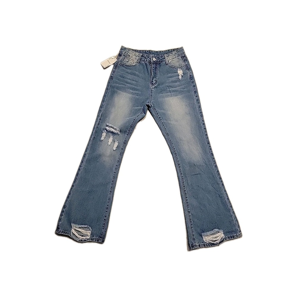 Pantalon NEW Distressed Flare Jeans High Waisted Ripped Medium Wash Denim Street
